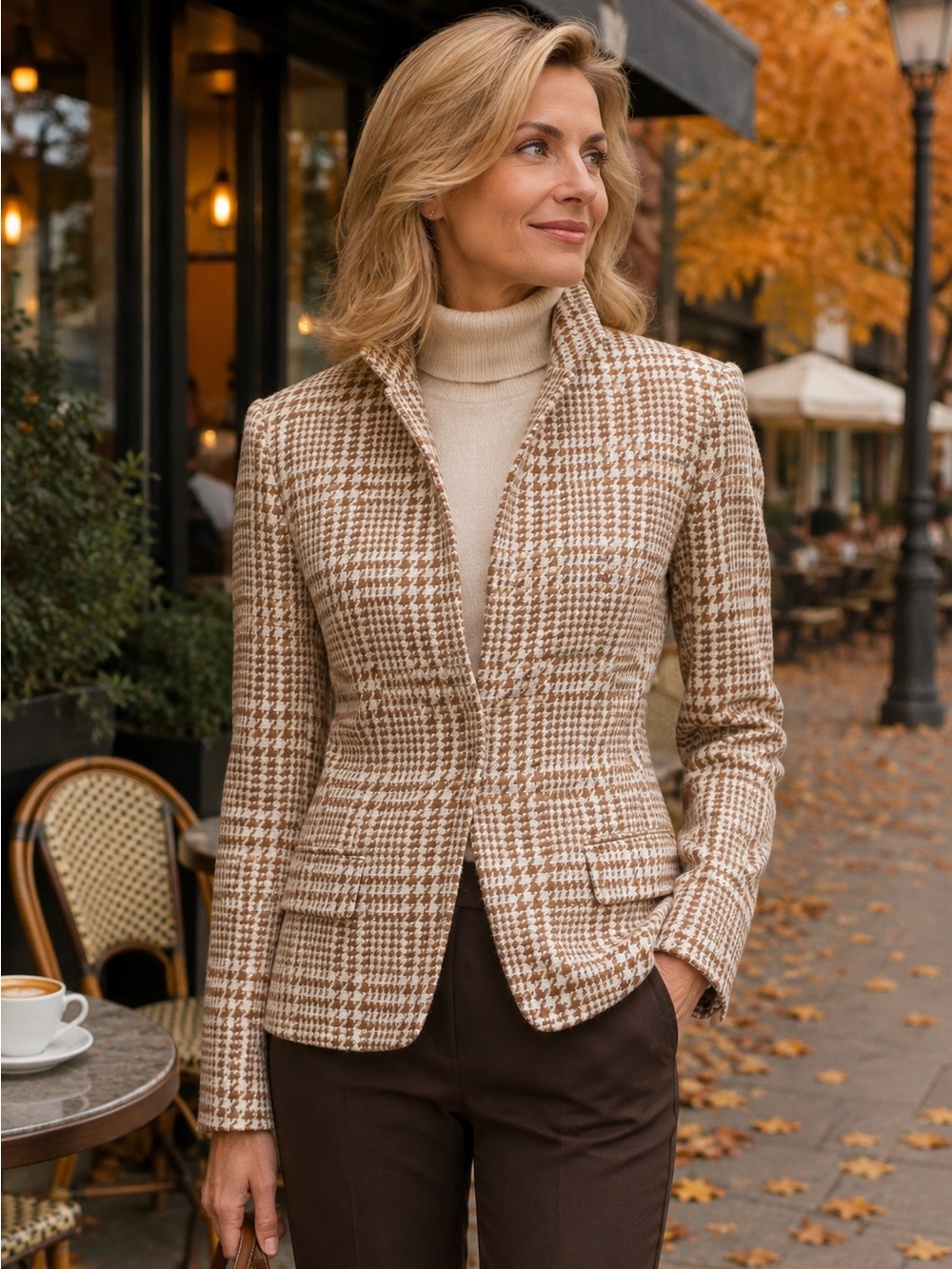 Ellen Tracy Wool Blend Plaid Blazer Jacket Tan Cream Size 8 Fall Quiet Luxury